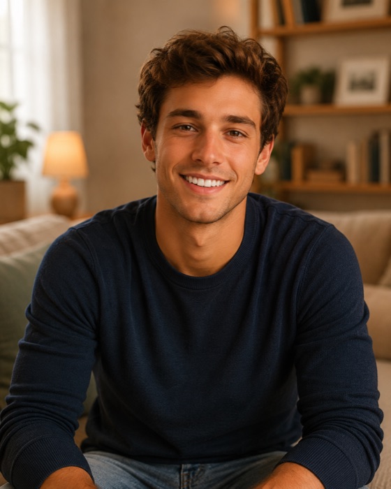 A young man smiling in a video chat window
